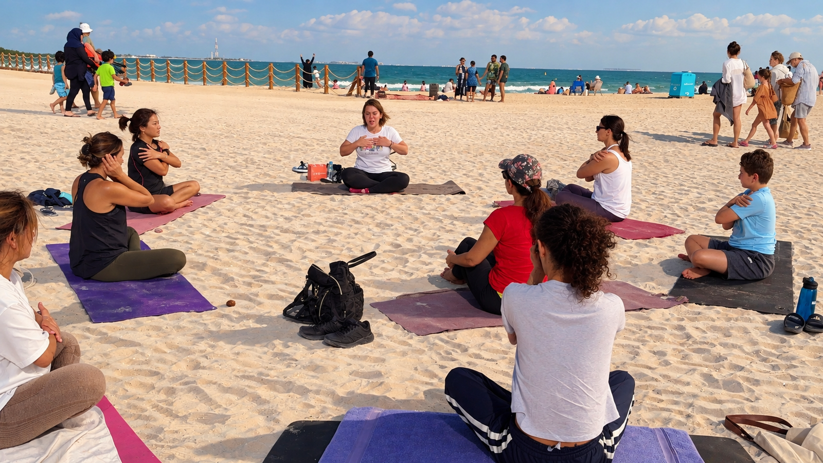 Group Reikilates mindful movement experience on the beach